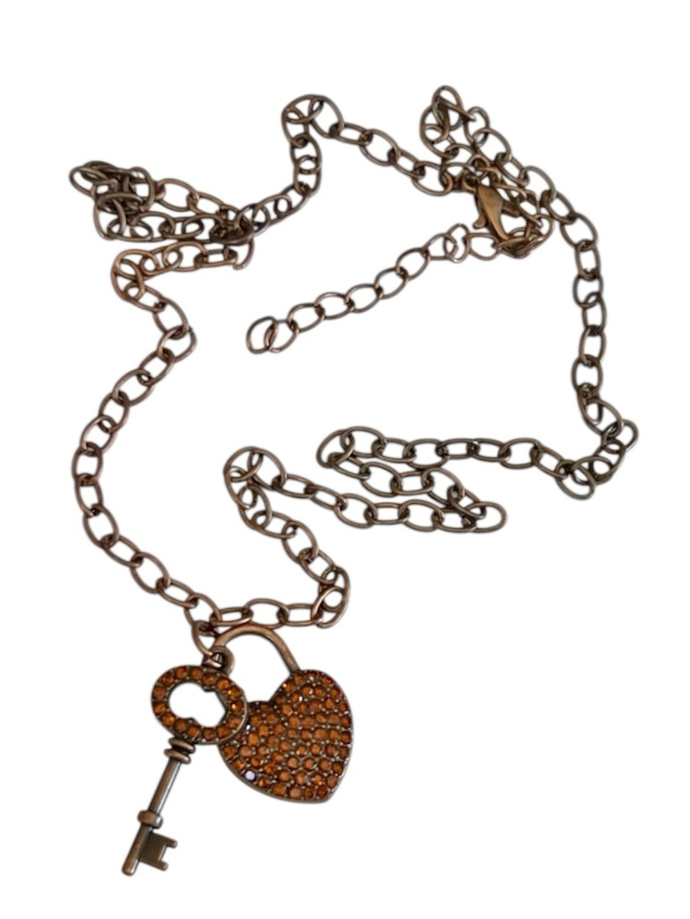 Antiqued Copper Tone Adjustable Heart Lock & Key Pendant Necklace Y2K